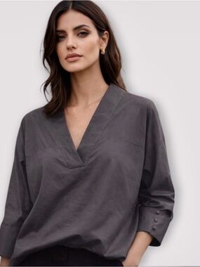 HARSHMAN Monica Popover Blouse NWT 100% Cotton Minimalist Rich Black Luxury Top